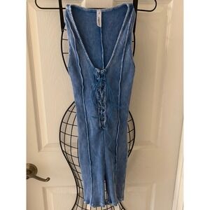 Laqueen Blue Ribbed Lace Up Romper Bodycon Sleeveless Y2K Style Stretch Sz L EUC